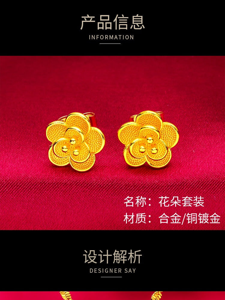Youbo24k Women's Fashion 24k Suit Flower Necklace Eardrops Stud Earring