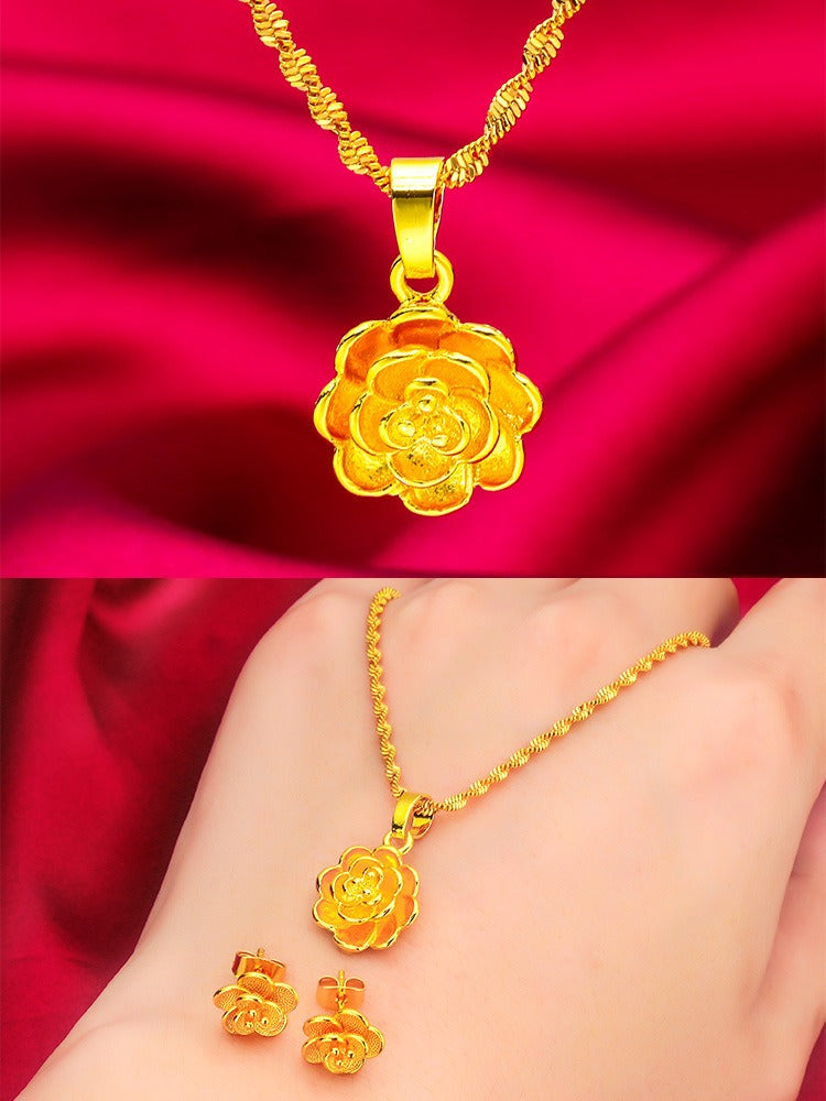 Youbo24k Women's Fashion 24k Suit Flower Necklace Eardrops Stud Earring