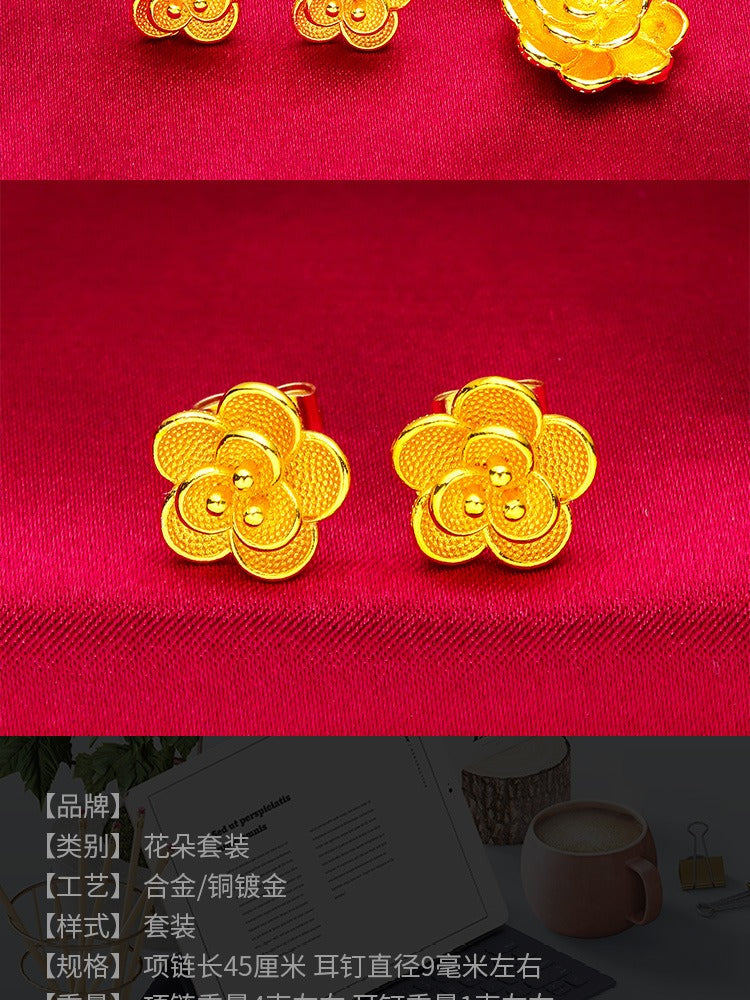 Youbo24k Women's Fashion 24k Suit Flower Necklace Eardrops Stud Earring